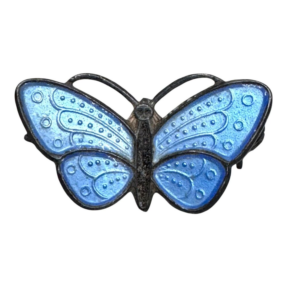Vintage Aksel Holmsen Norwegian Sterling Silver Blue Enamel Butterfly Brooch Pin